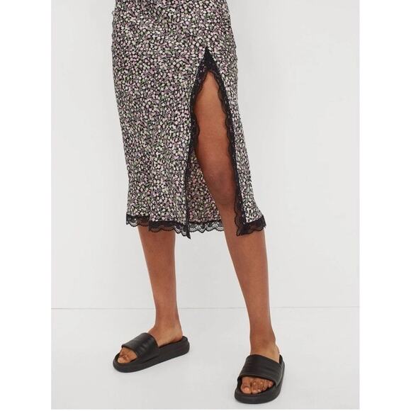 Floral Satin Slip Skirt Lace Slit Size 2 - Picture 6 of 6